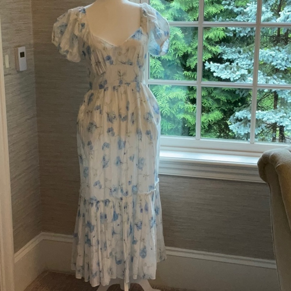Love Shack Fancy Floral Blue and White Dress
